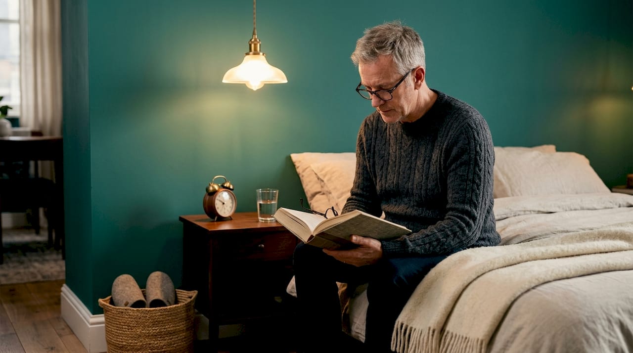 Man reading in bedroom before sleep