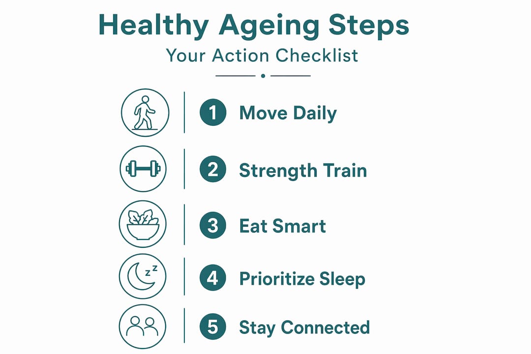 Infographic with five steps to healthy ageing