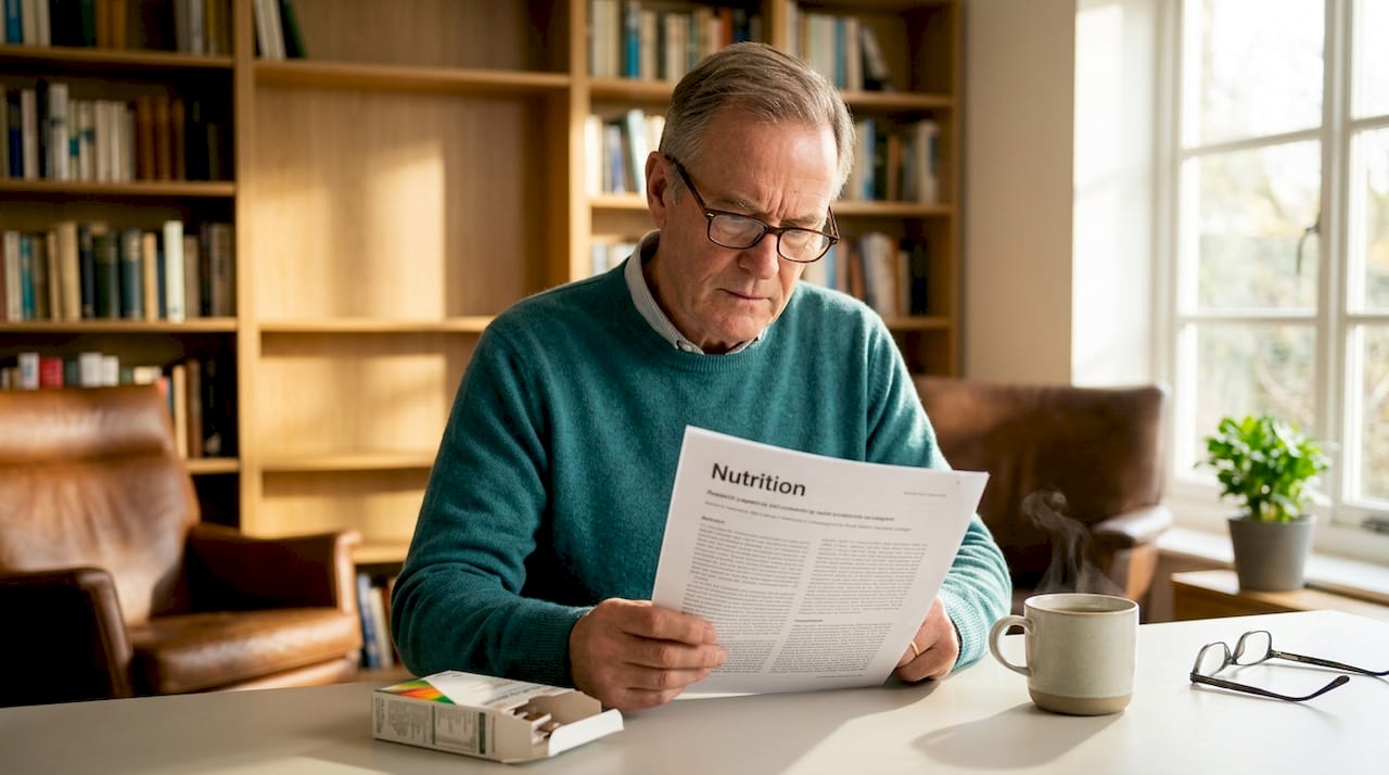 Older man reading vitamin research on sofa