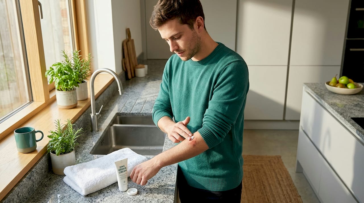 Man using zinc cream for skin repair