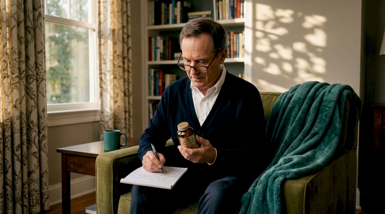 Man checking supplement label on living room sofa