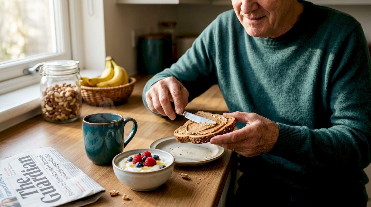 Senior adding nut butter to healthy breakfast