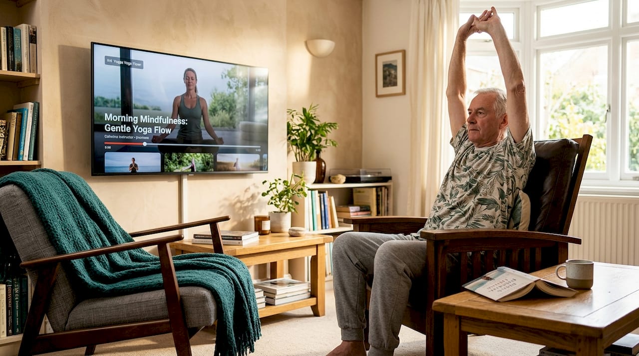 Senior man doing chair yoga in living room