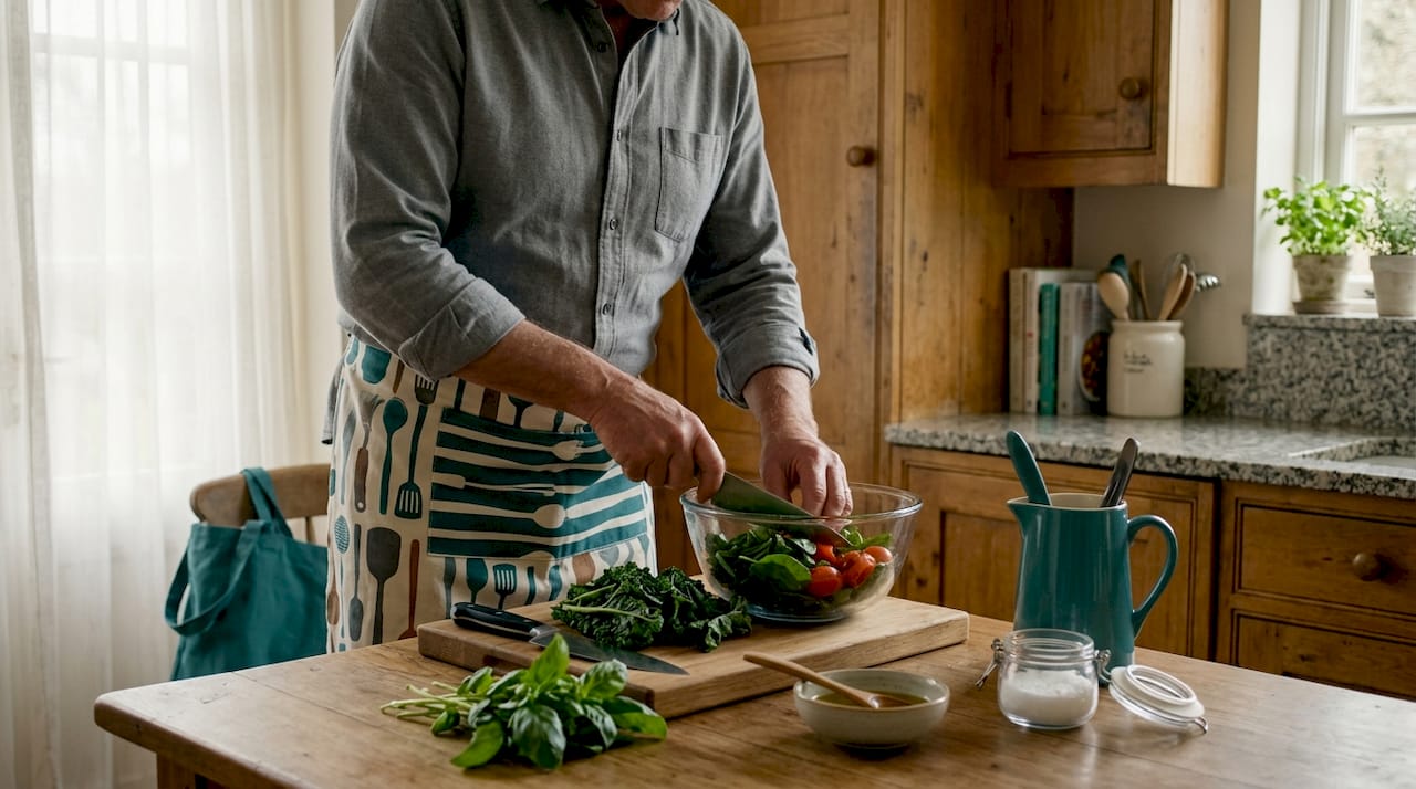 Senior man chopping salad ingredients in kitchen