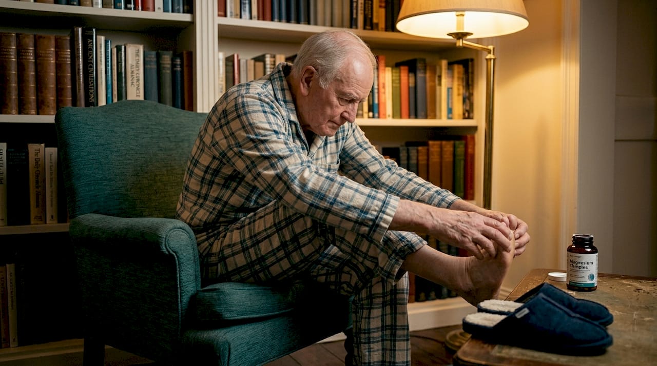 Elderly man stretching legs to relieve cramps