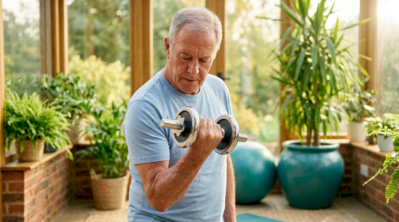 Senior man doing dumbbell curls indoor