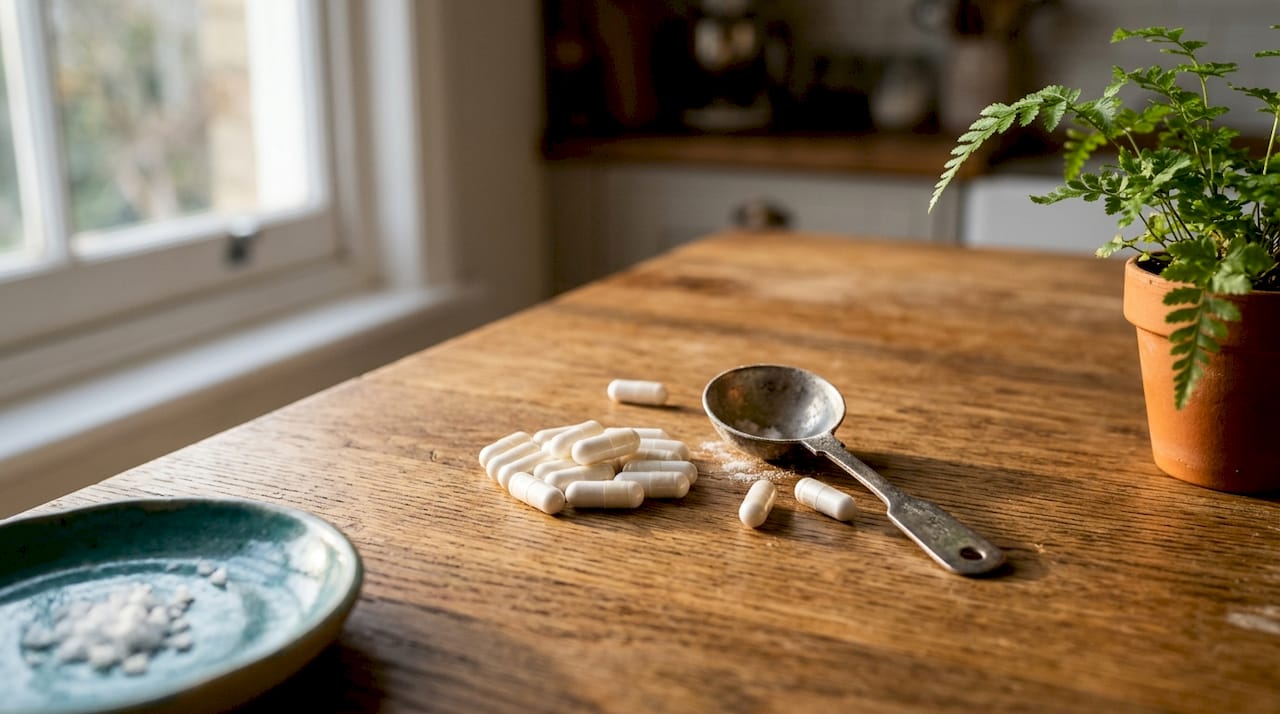 Close-up of magnesium supplement capsules on wooden table