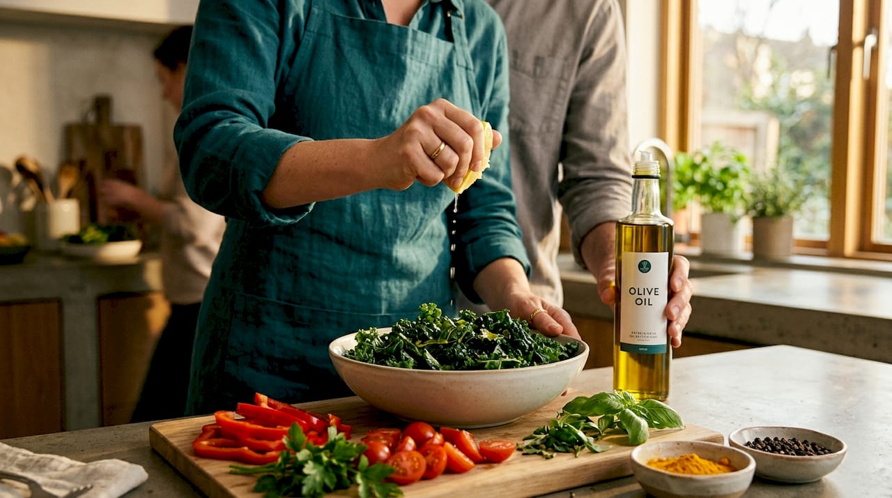 Hands dressing kale salad with lemon and olive oil