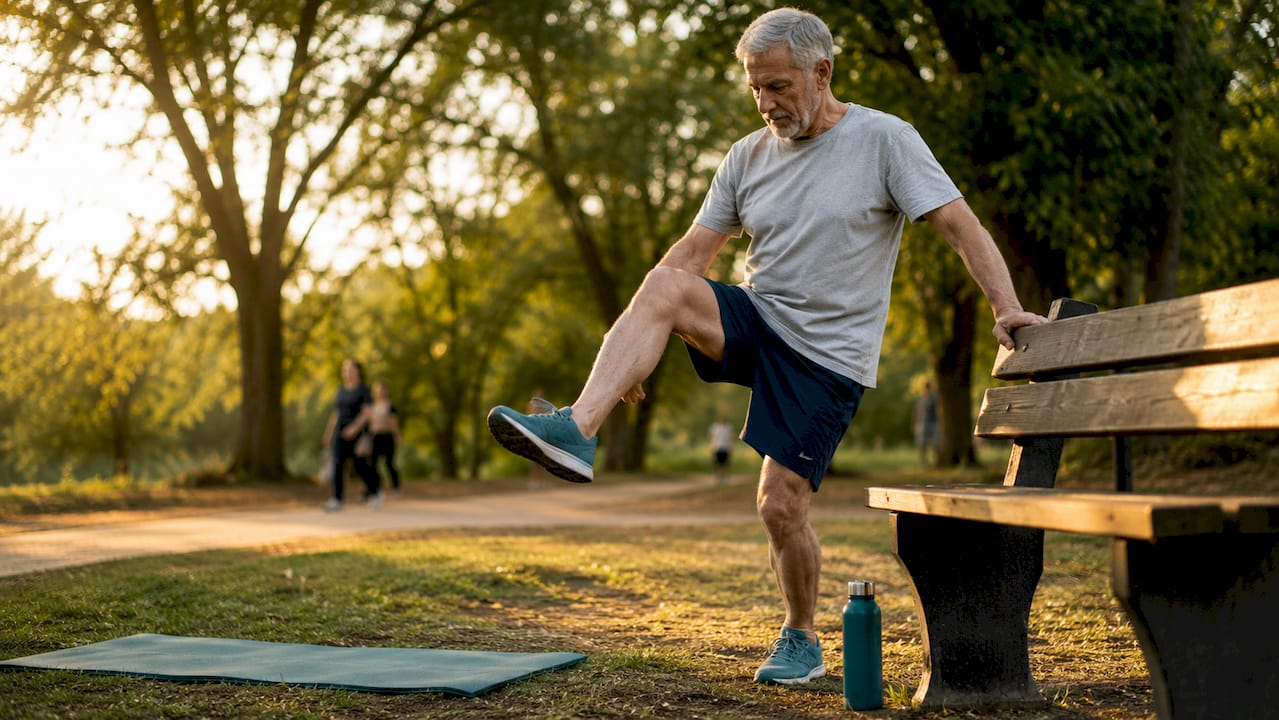 Senior man doing balance exercise indoors