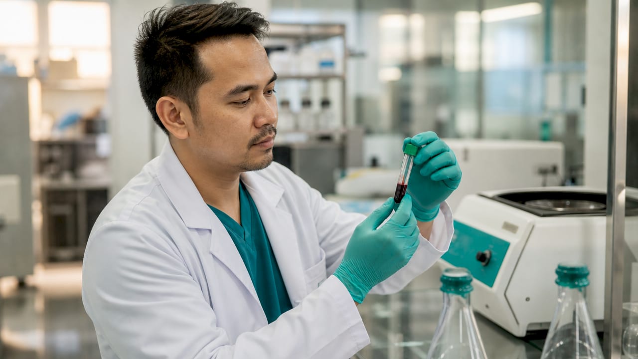 Lab technician handling blood sample for supplement testing