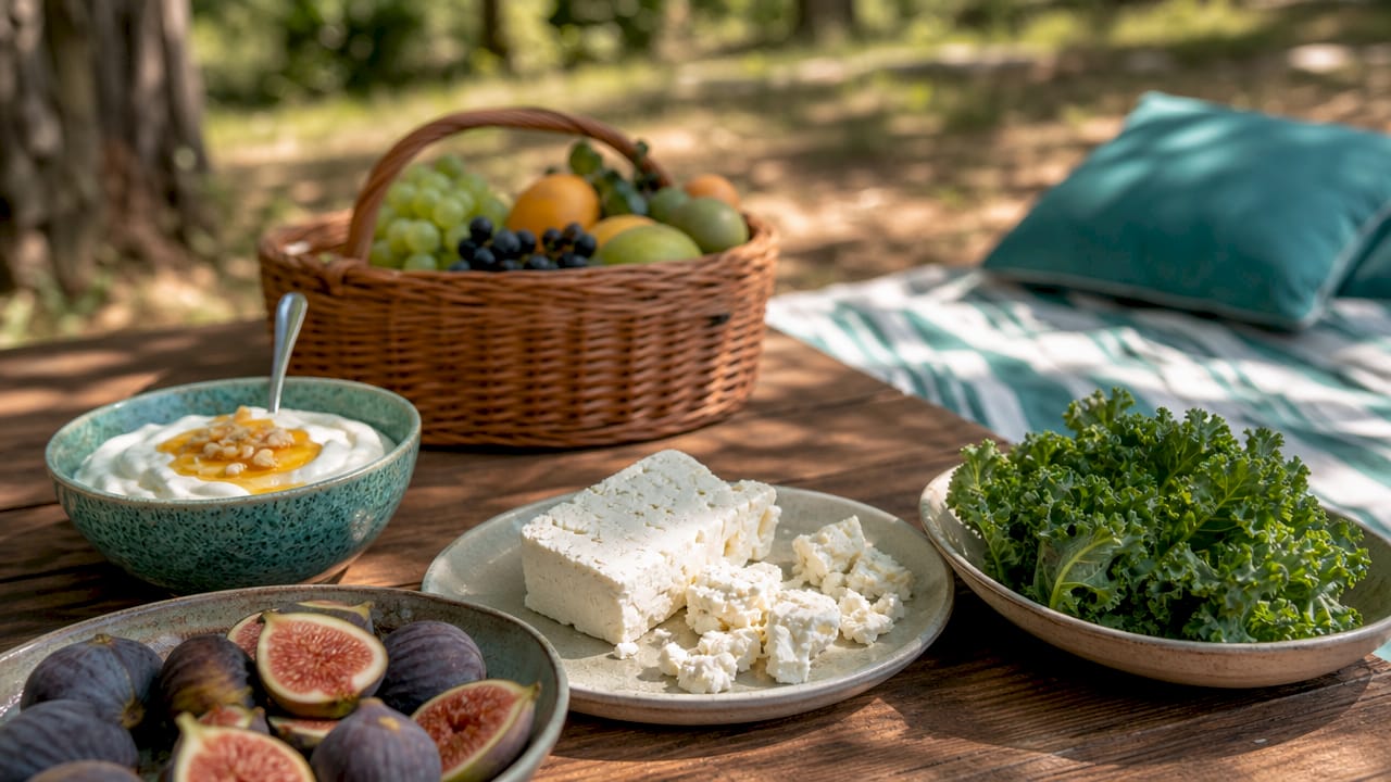 Calcium rich foods assortment on kitchen counter