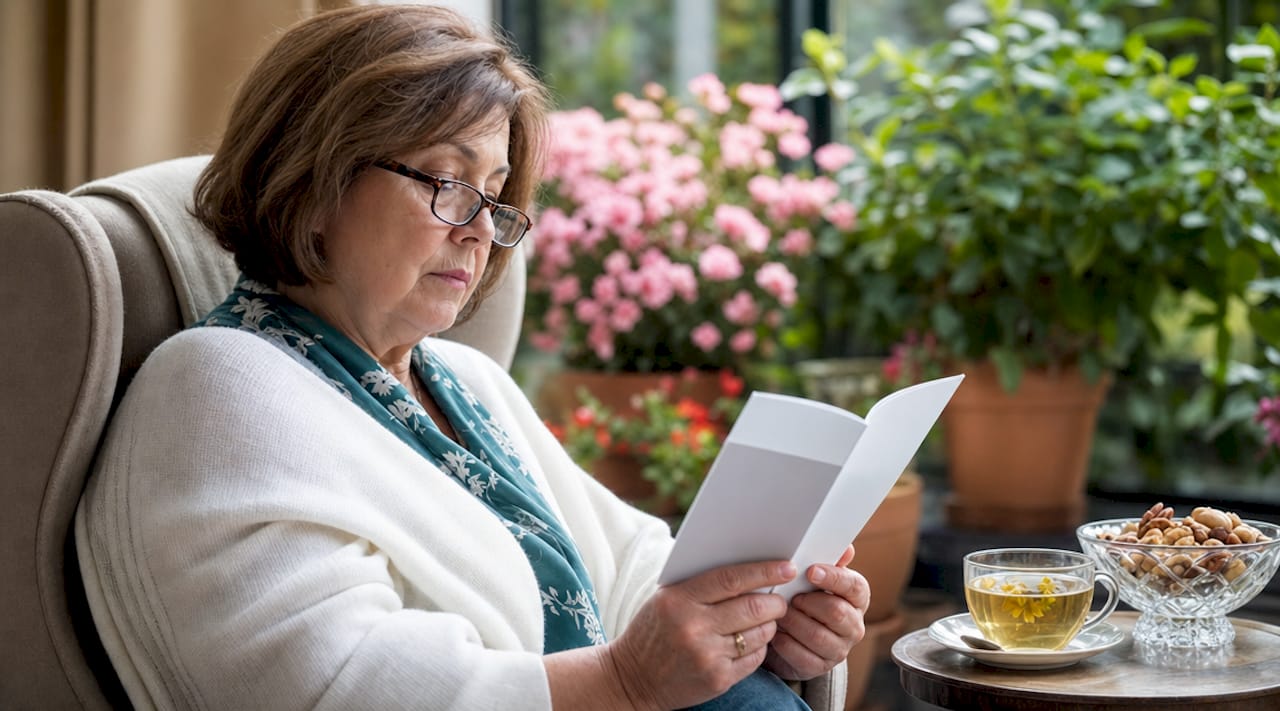 Older woman reading health brochure at home