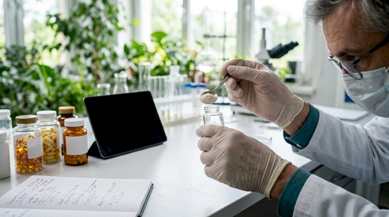 Hands preparing B vitamin supplements in lab