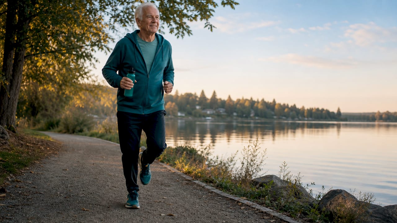 Elderly man walking for health in park