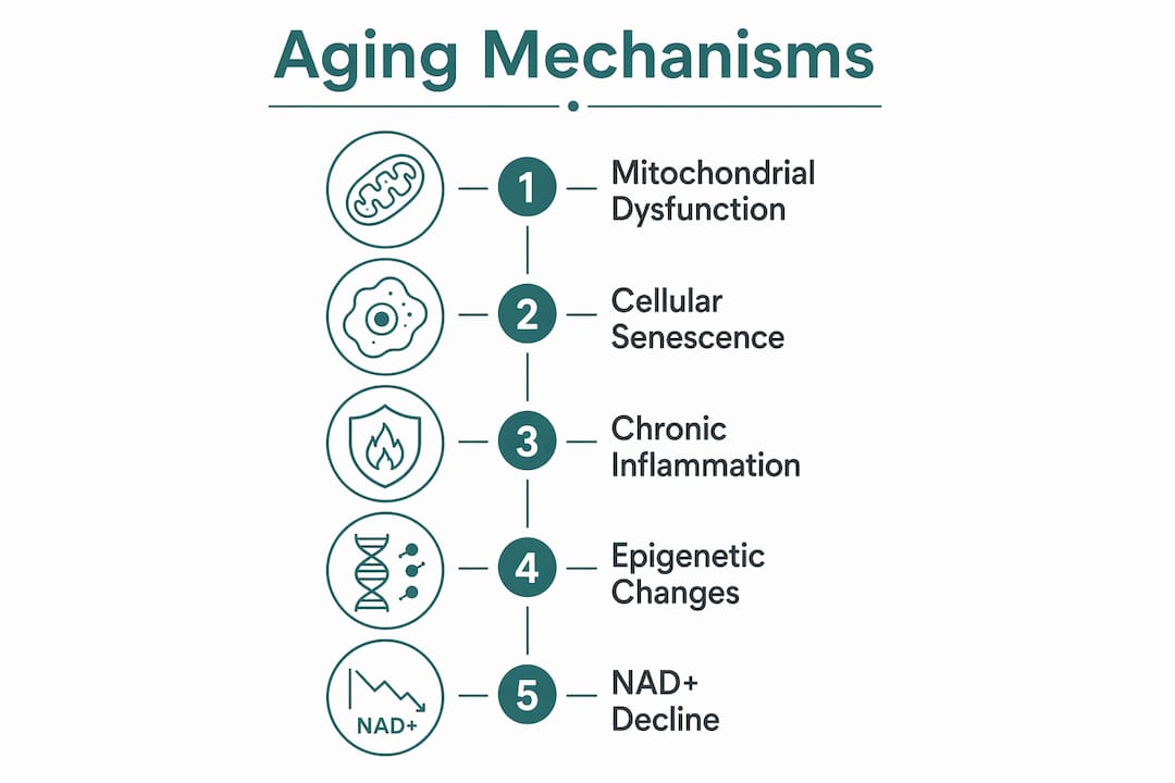 Infographic illustrating key biological mechanisms of aging