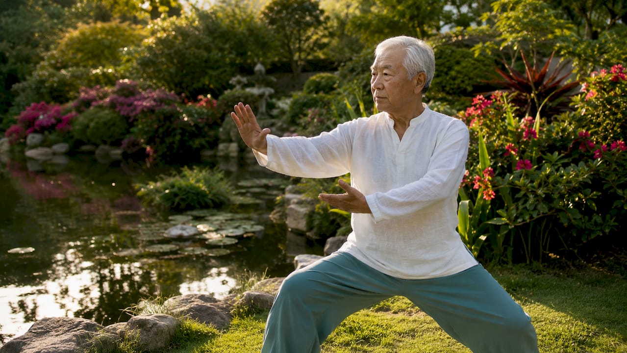 Senior man practicing Tai Chi in park