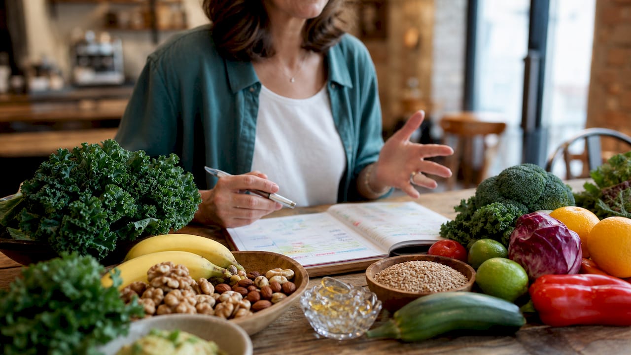 Overhead view of B vitamin rich foods and supplements