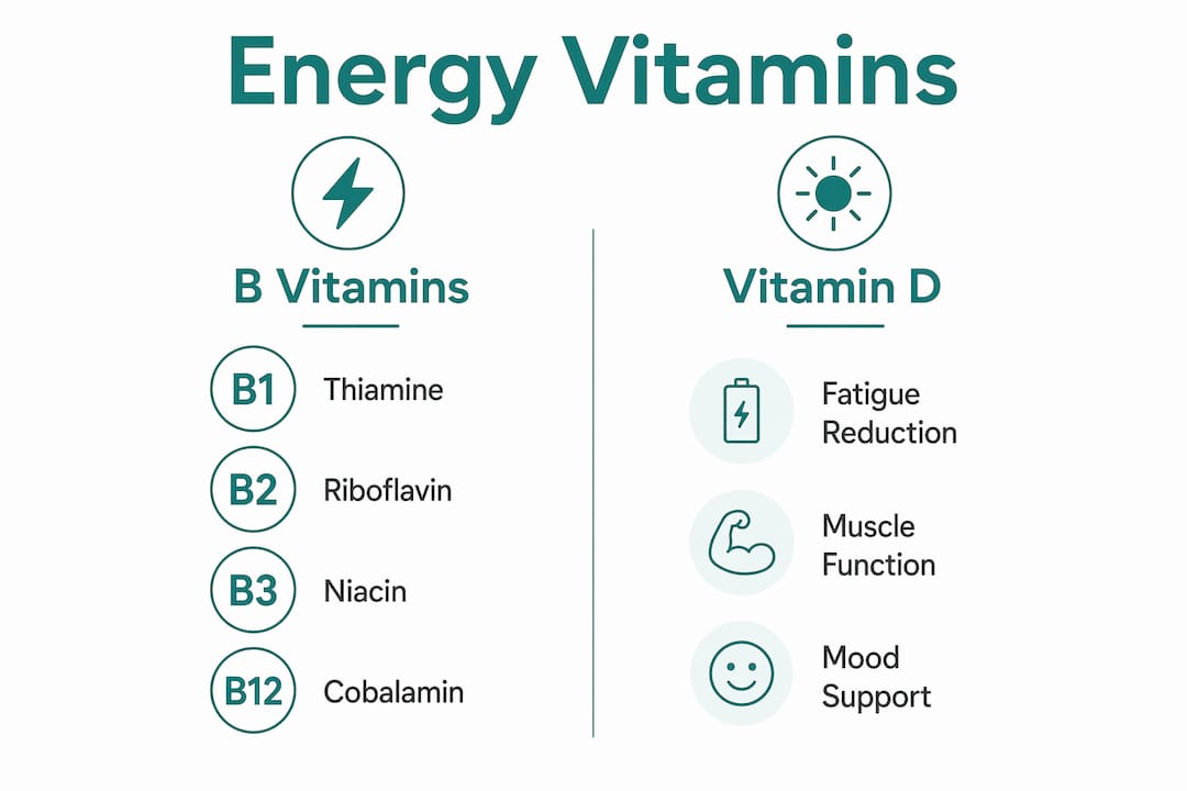 Infographic comparing B vitamins and vitamin D roles for energy