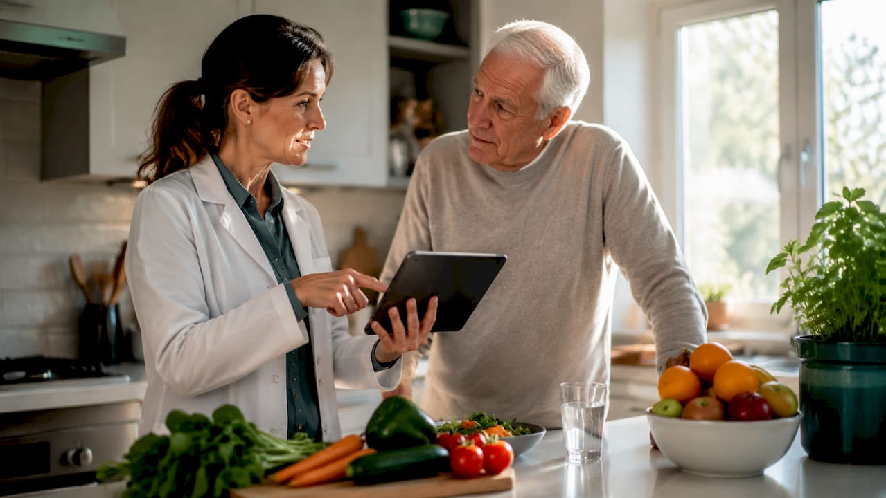 Professionnel de santé conseillant un senior sur les vitamines B