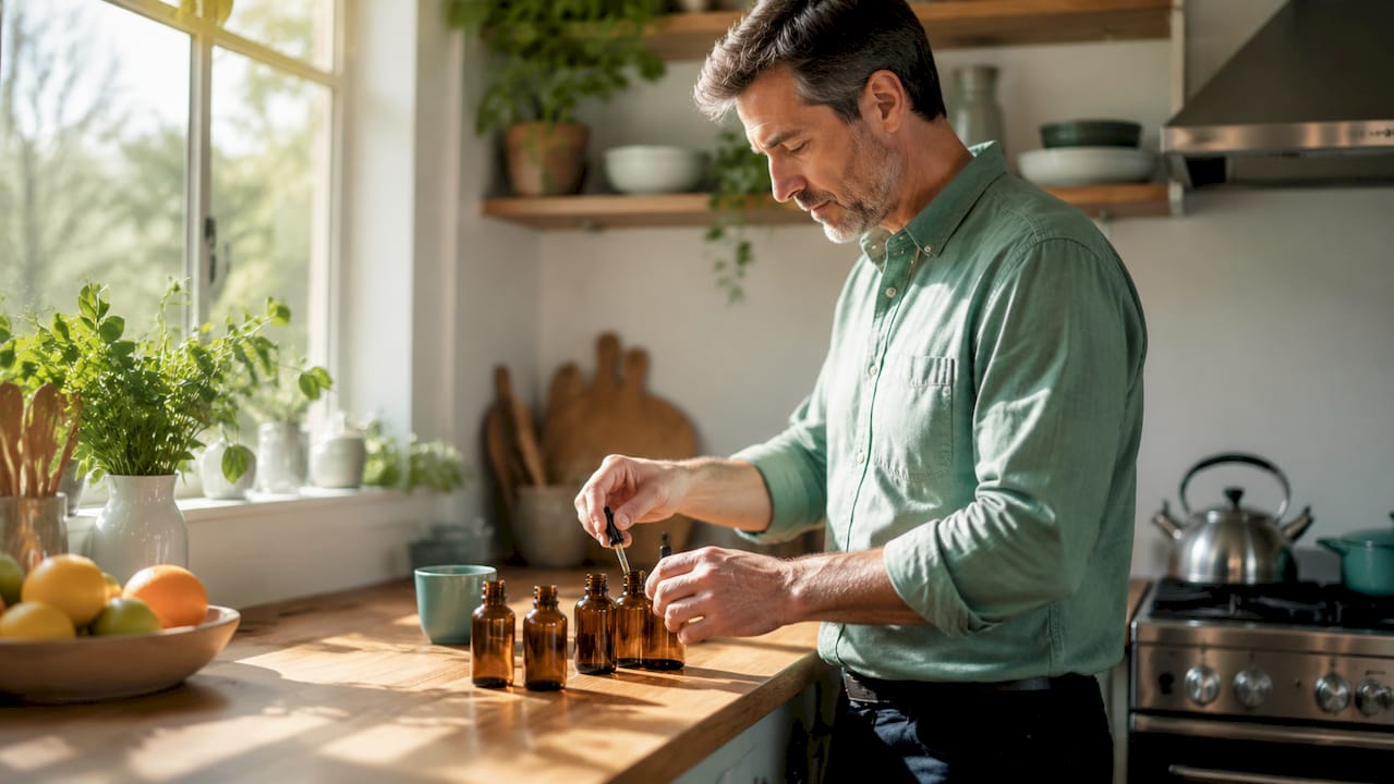Man organizing herbal extract supplement bottles
