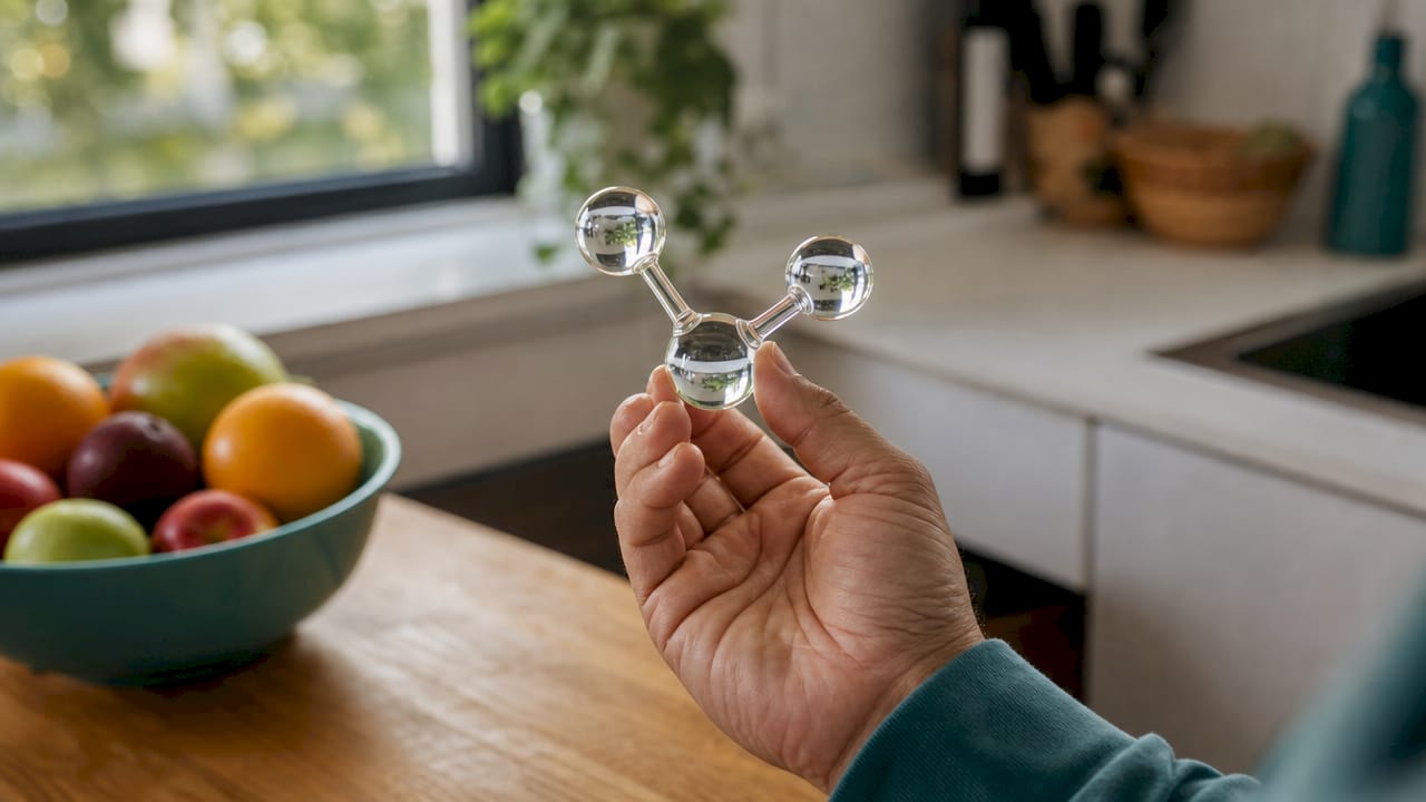 Hand holding model of water molecule
