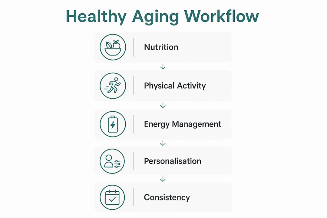 Infographic showing five steps of healthy aging workflow