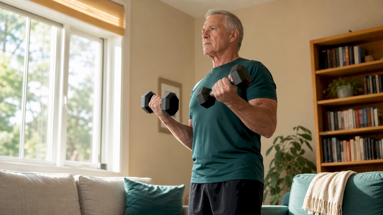 Elderly man doing resistance training at home