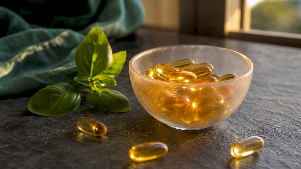 Close-up of omega-3 capsules in glass bowl on wooden counter