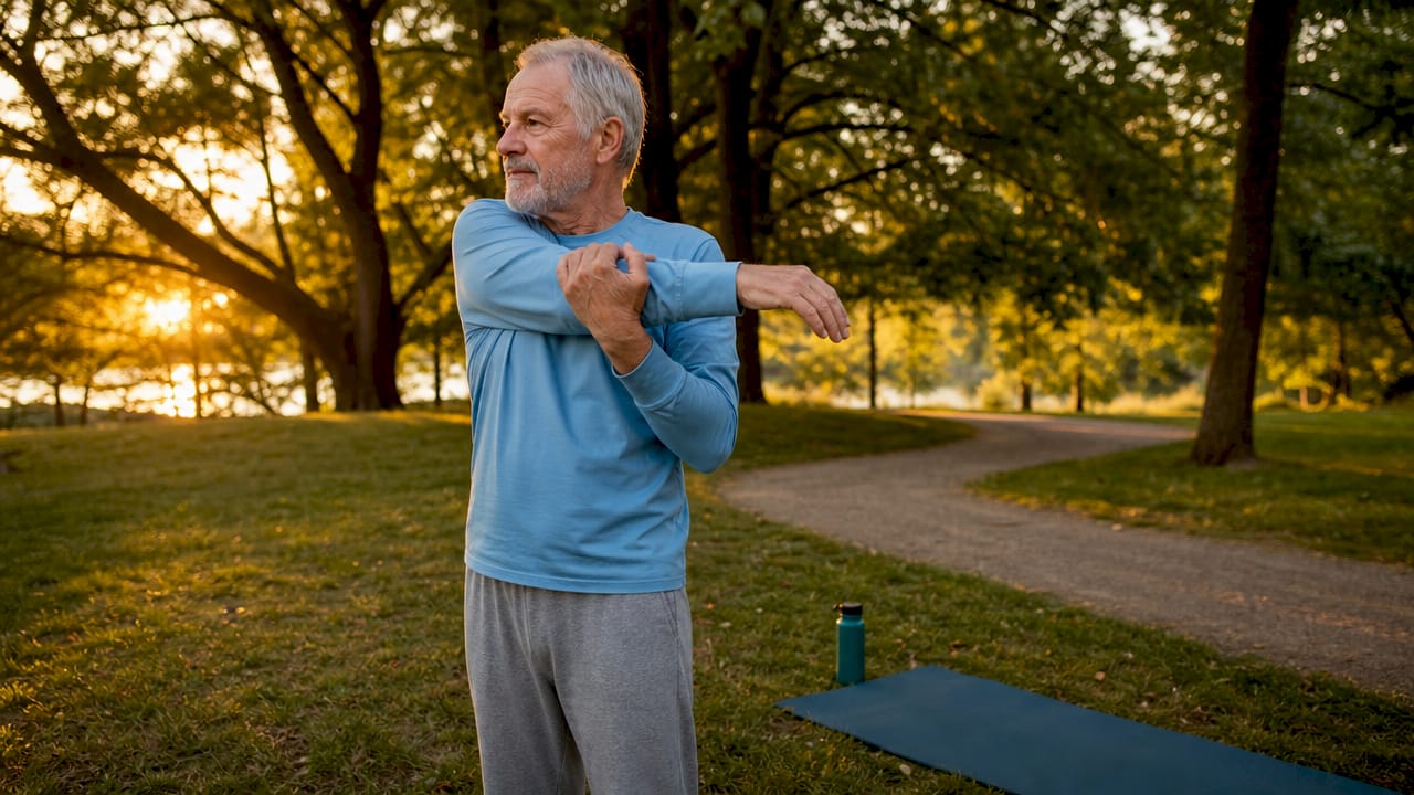 Senior man stretching to support bone and muscle health