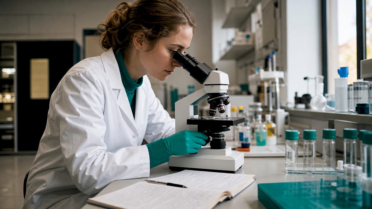 Scientist examining cell samples under microscope
