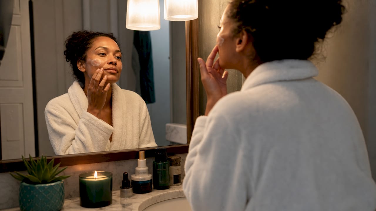 Hands applying retinoid cream at night