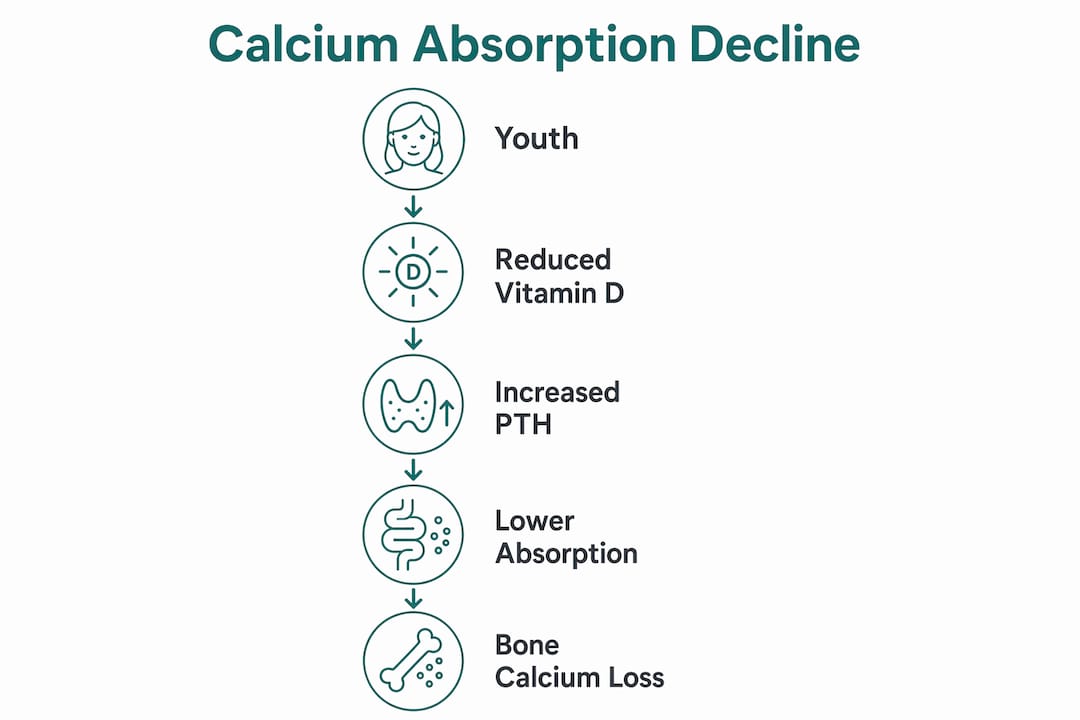 Infographic illustrating stages of calcium absorption decline with aging