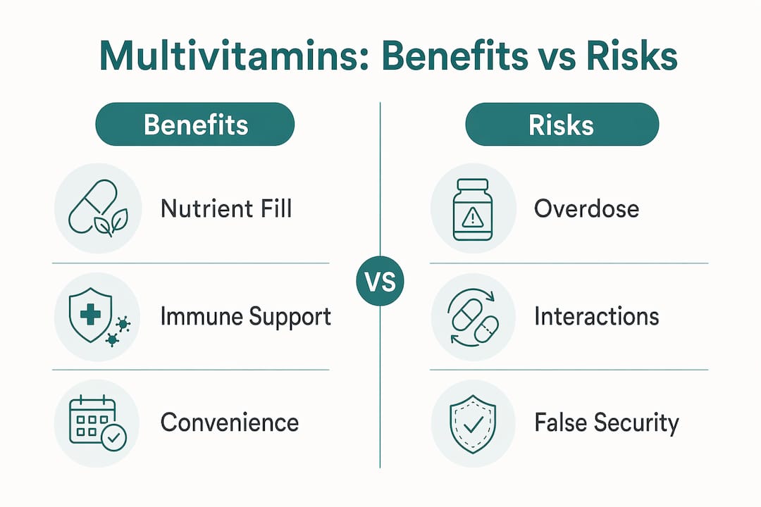 Infographic comparing multivitamin benefits and risks  
