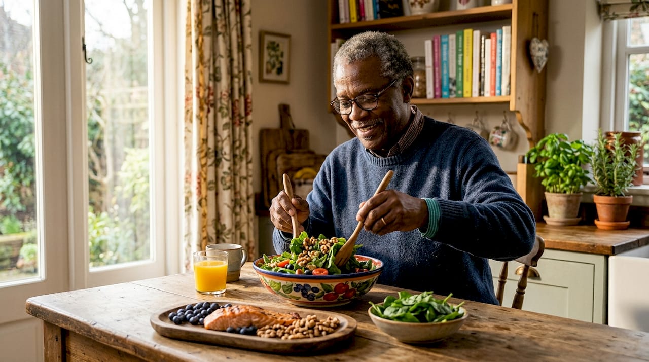 Senior man choosing brain healthy foods at table