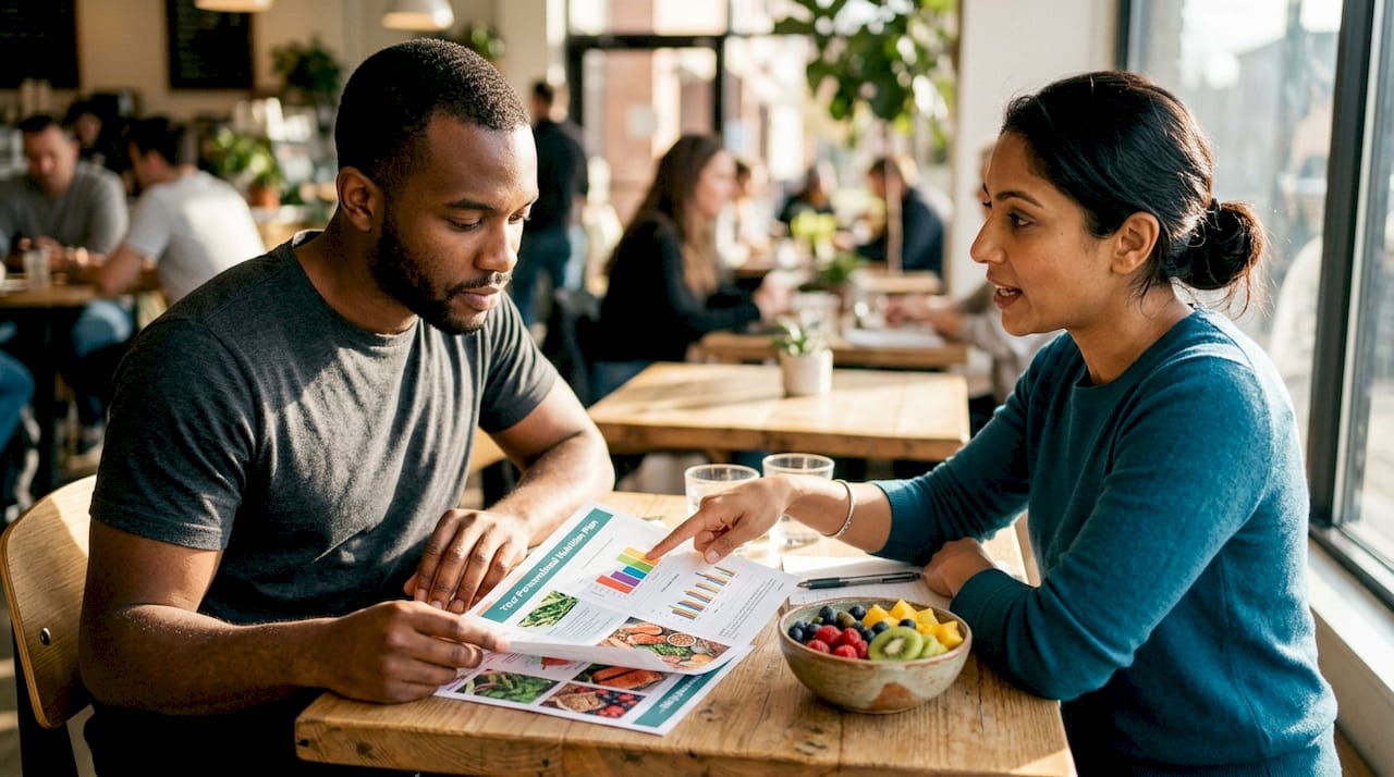 Hands examining a personalized nutrition plan document