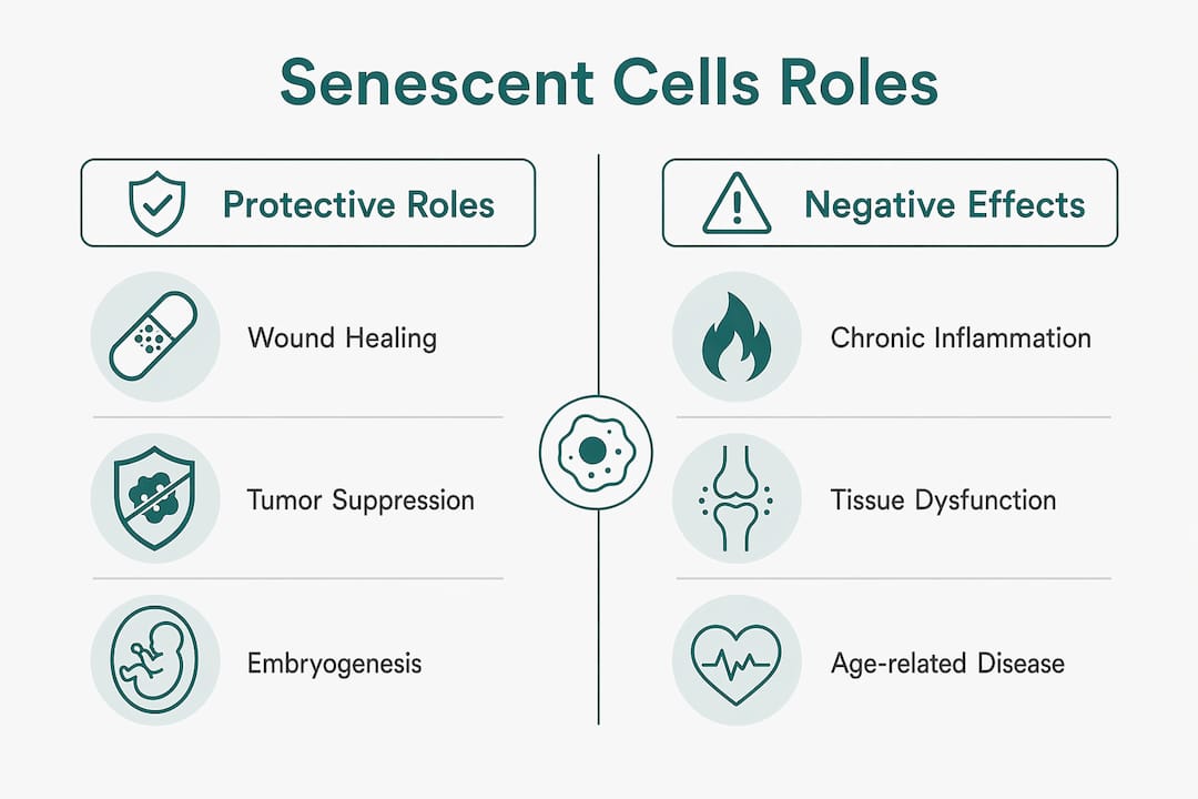 Infographic displaying protective and negative senescent cell roles