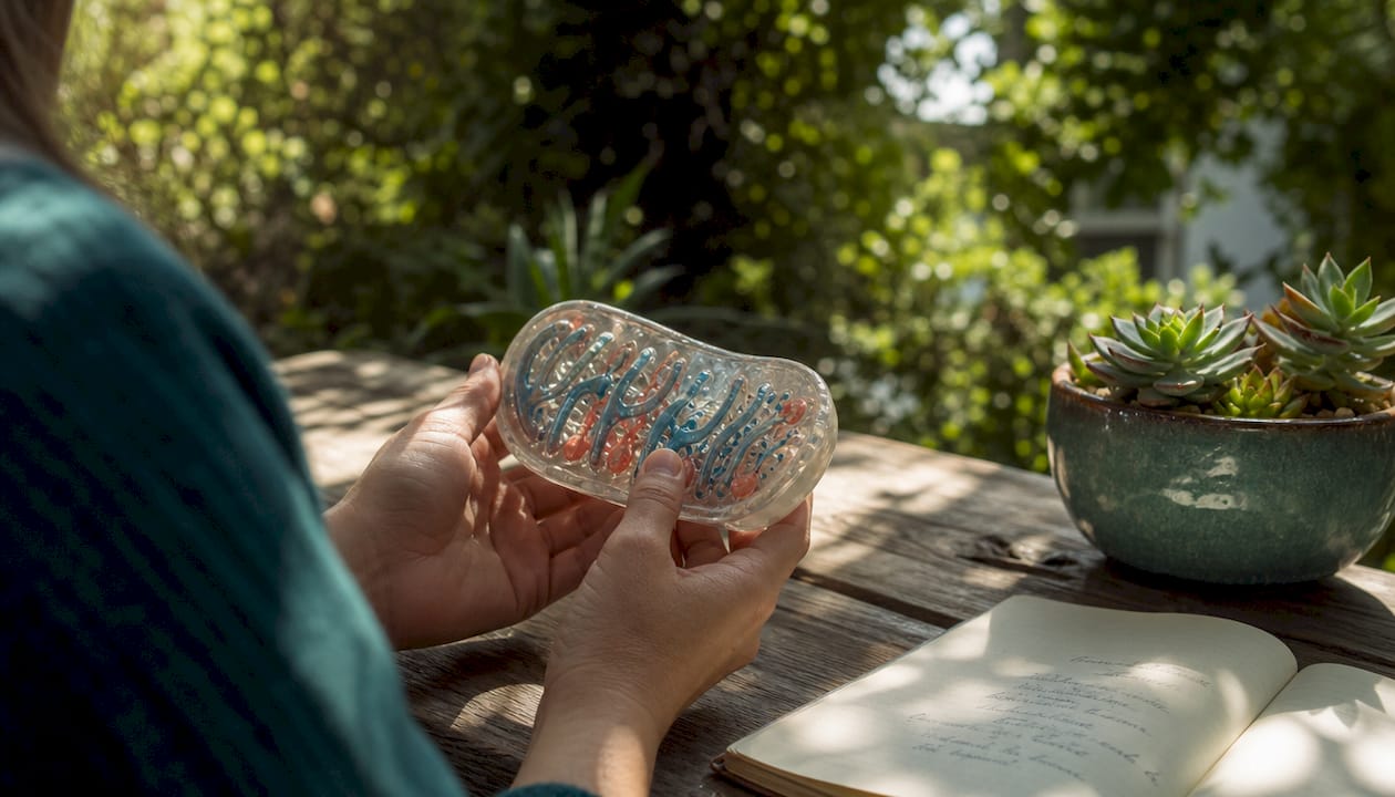 Hands holding mitochondrial model illustrating ROS production