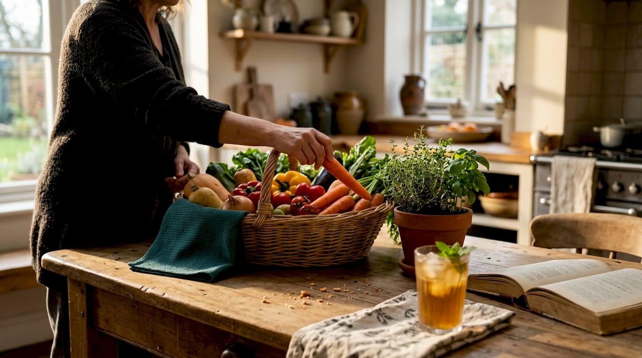 Overhead view of assorted fruits and vegetables with hands