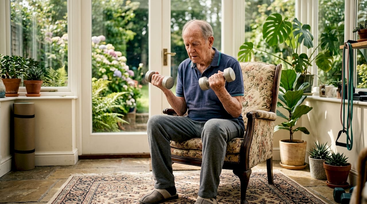 Senior man lifting dumbbells indoors