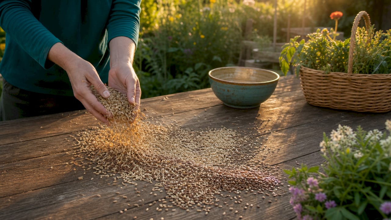 Hands holding diverse fiber-rich grains overhead