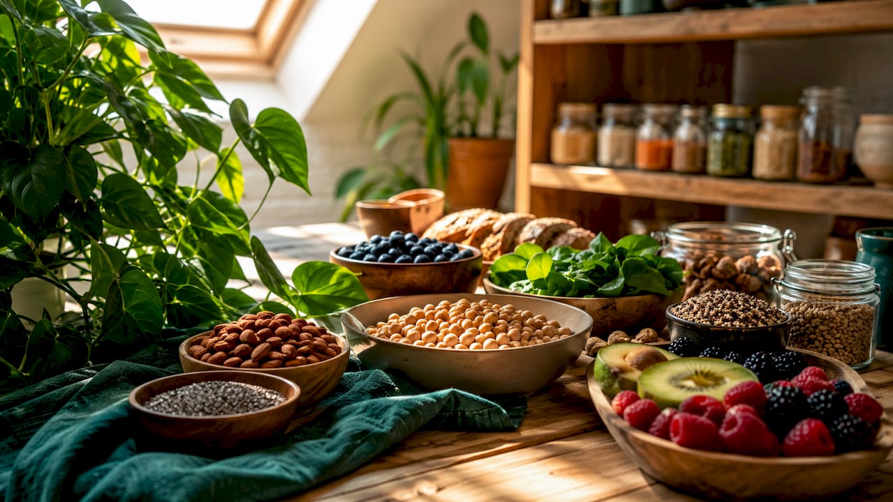 Top view of fiber-rich foods for gut and immunity