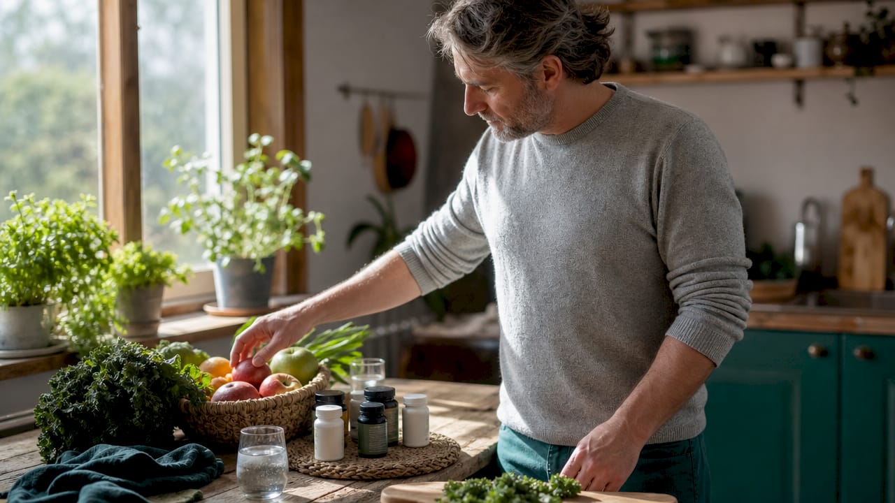 Hands selecting nuts among vitamins and foods on table