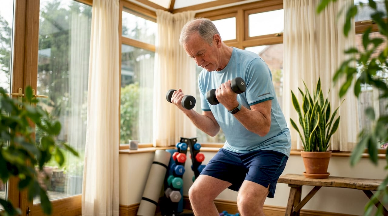 Senior man lifting dumbbells at home gym