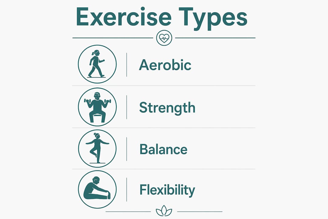 Infographic illustrating key exercise types for seniors