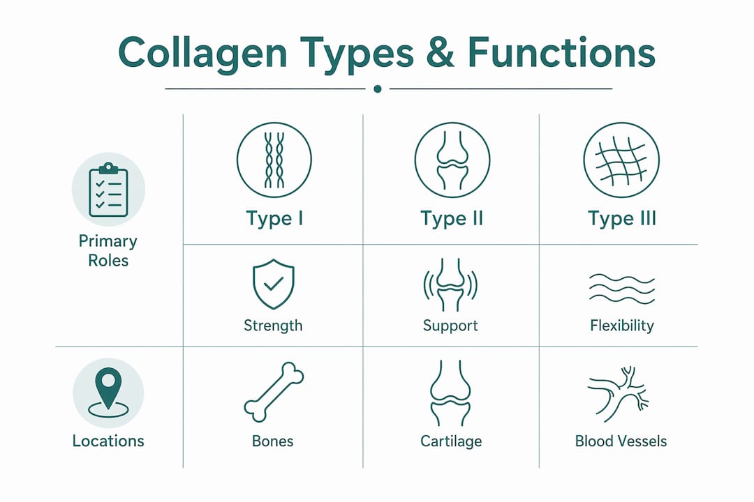 Infographic illustrating collagen types and their functions