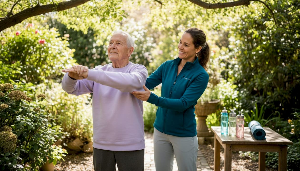 Physiotherapist assisting elderly with shoulder exercise