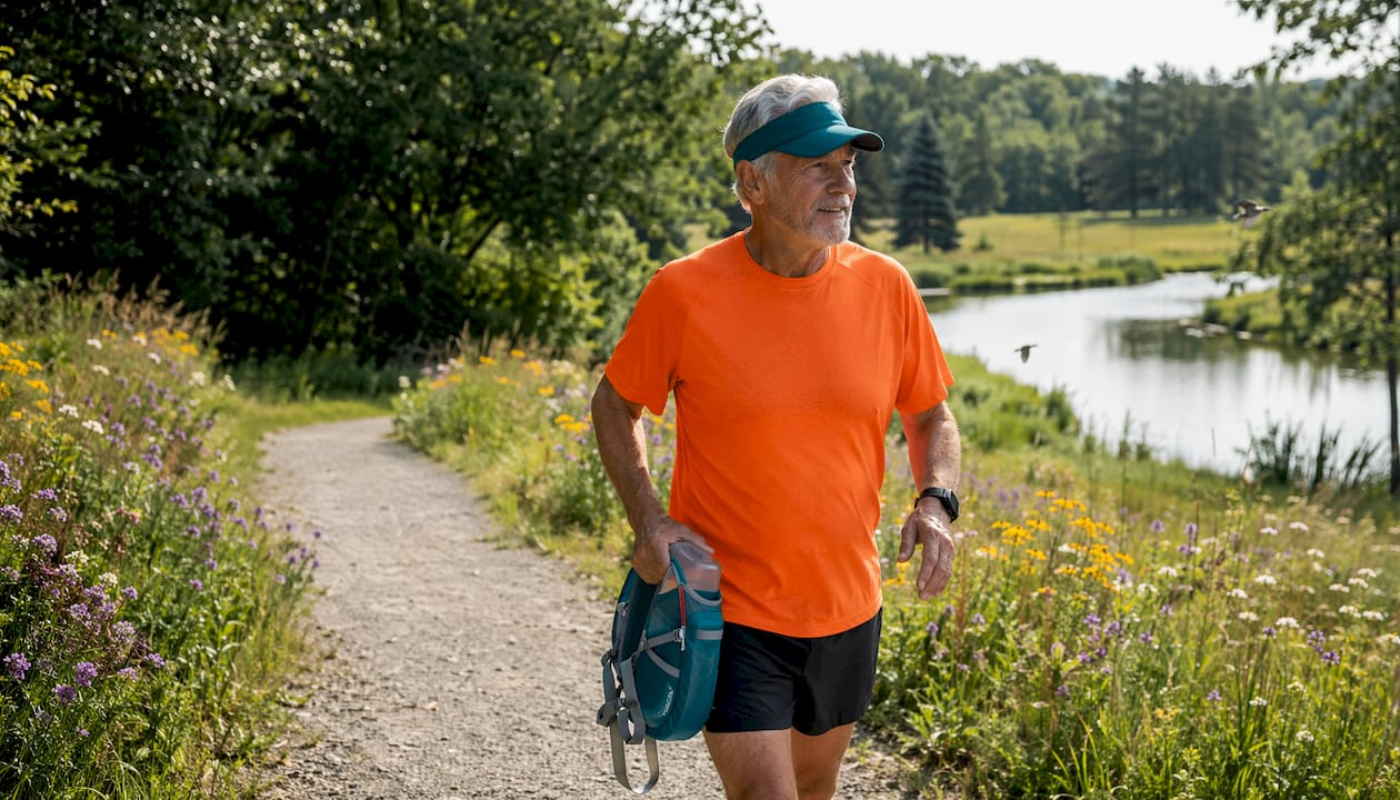 Senior man exercising by walking outdoors in park