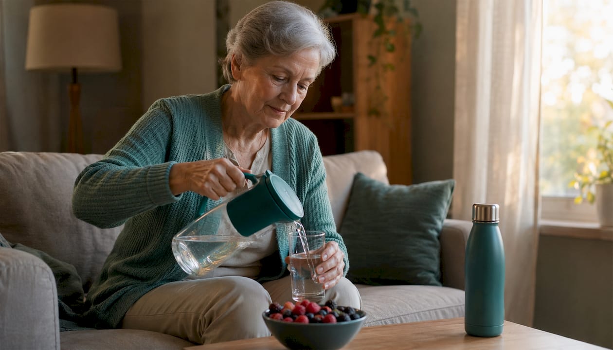 Elderly hands holding glass of water