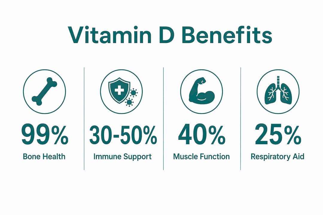 Infographic showing key vitamin D health benefits with statistics