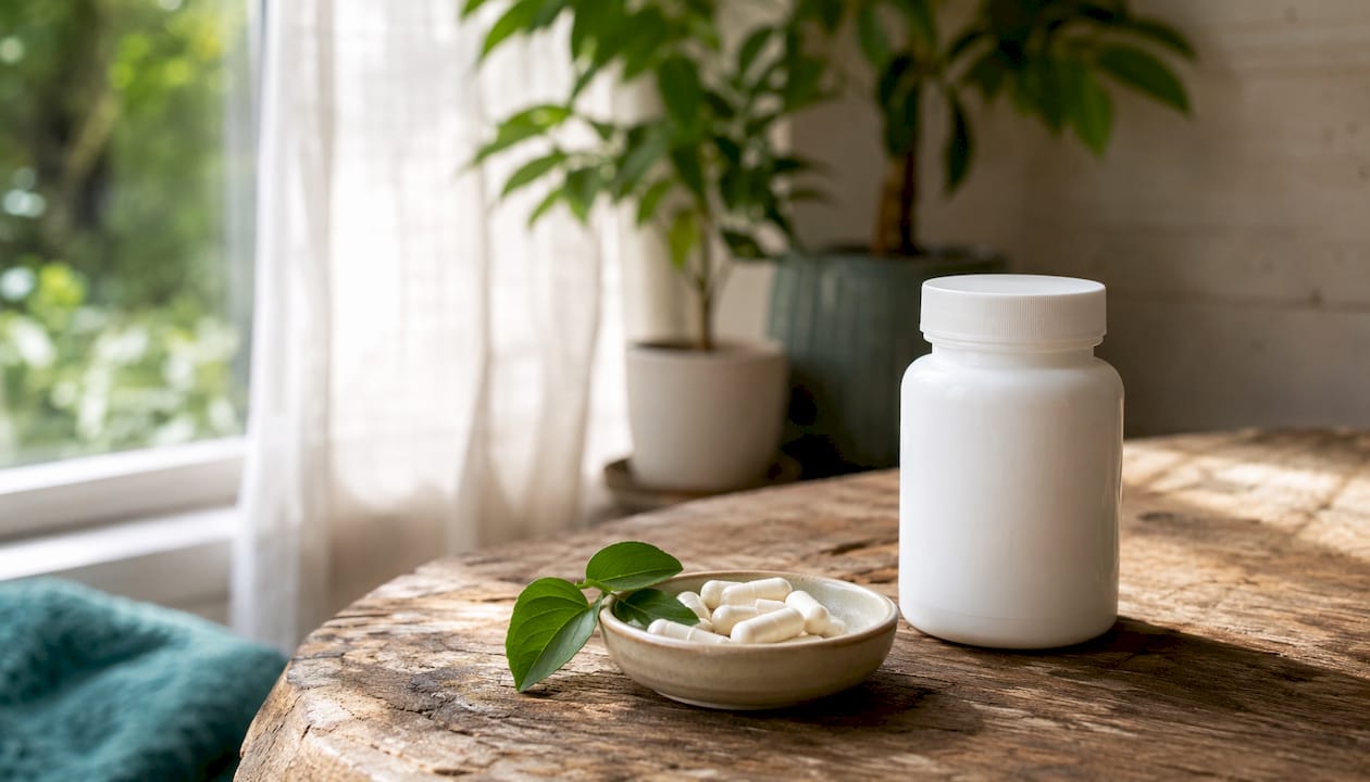 Close-up of Vivetus NMN supplement bottle with capsules